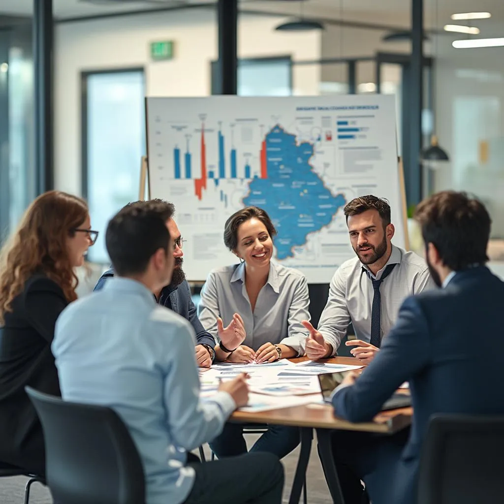 Equipo de consultores financieros colaborando con un mapa de Argentina al fondo
